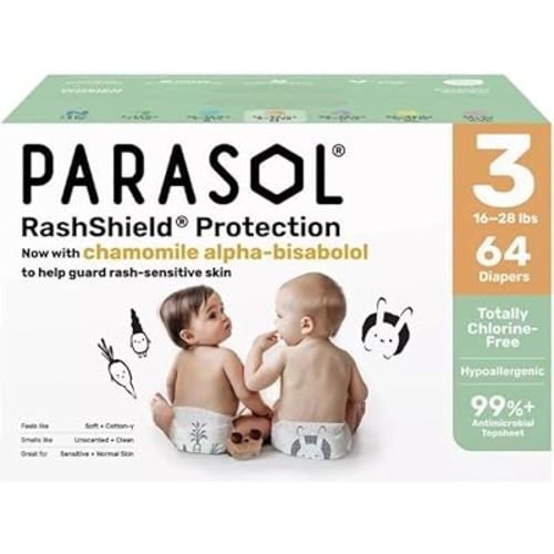 Parasol Chlorine-Free Premium Diapers with RashShield Protection, Size 3, 64 Count, 2 Pack of 32 Diapers