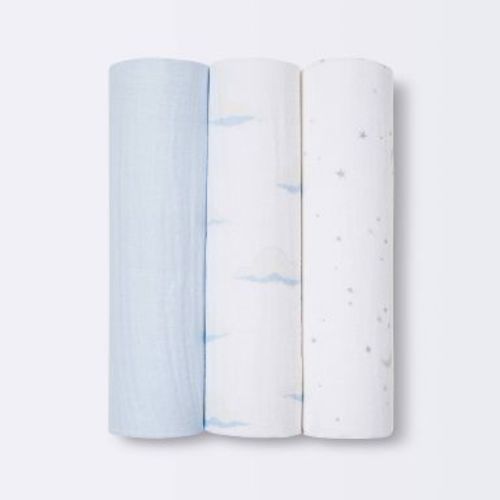 Muslin Swaddle Blankets 3pk - Cloud Island™ Clouds: Cotton, 180 Thread Count, Logo Pattern