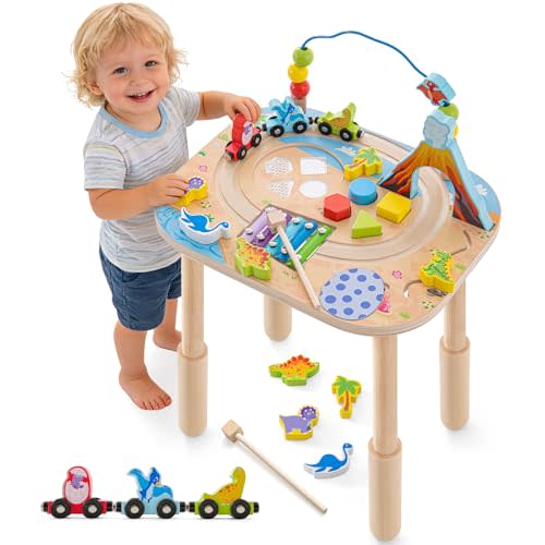 Montessori Activity Table for 1 Year Old, 9-in-1 Wooden Activity Table with Adjustable Height, Train, Shape Sorter, Xylophone, Baby Sensory Educational Learning Toys, Birthday Gift (Dinosaur)