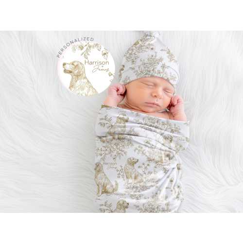 Toile Golden Retriever Baby Swaddle Personalized Minky Dog Blanket with Baby Name & Pet Name Vintage Nursery Decor Baby Shower Gift for Mom