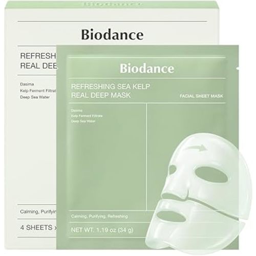 BIODANCE Refreshing Sea kelp Real Deep Mask, Overnight Hydrogel Face Mask, Calming, Oil & Sebum Control, Blemish Care, After Sun Care, Sunburn Relief, Korean Skin Care | 1.19oz(34g) x 4ea