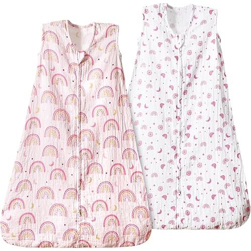 PHF 100% Muslin Cotton Baby Sleep Sacks, 12-18 Months Sleep Sack with 2-Way Zipper, 2 Pack Cooling 0.5 TOG Breathable Large Size Sleeveless Baby Wearable Blanket for Baby Girl, Rainbow