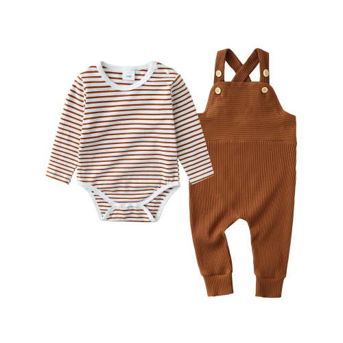 CARETOO Baby Boy Clothes 0-24M 2Pcs Infant Romper Bodysuit Casual Striped Top Overalls Cotton Fabric