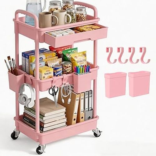 3 Tier Rolling Utility Cart with Drawer, Plastic Storage Organizer Rolling Carts with Wheels Handles Hanging Cups Hooks for Office, Bathroom, Kitchen,Craft Art Room (Pink)