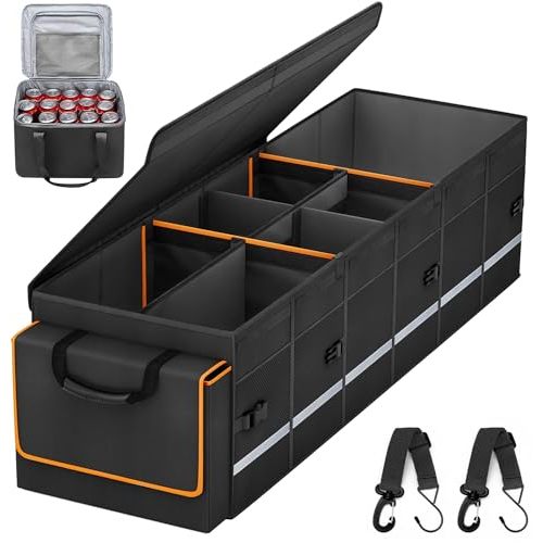 Car Trunk Organizer and Storage with Lid & Removable Leakproof Cooler Bag, Car Accessories 6 Removable Dividers for Custom Space, Collapsible Large Trunk Organizers Interior for SUV Sendan with Cover