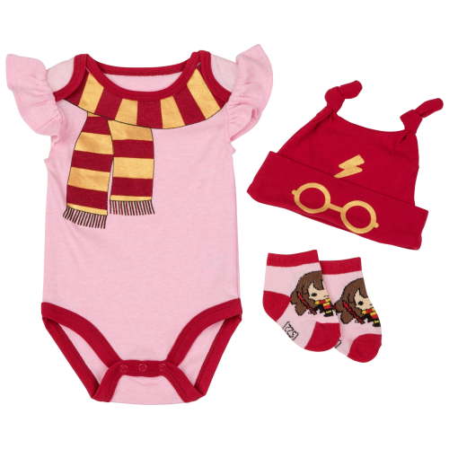Harry Potter Baby Girls' Bodysuit, Knotted Cap & Socks Gift Set Pink/Red/Yellow, 3-6 Months