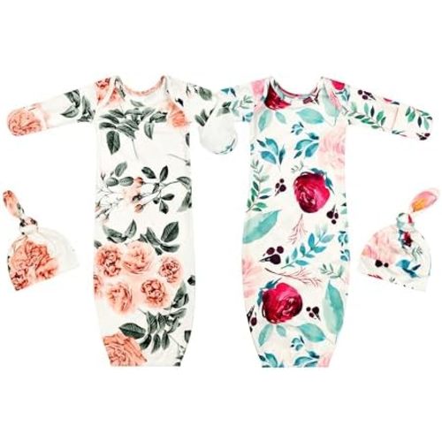 Newborn Baby Sleeper Gown with Hat Knotted Gown Nightgown Coming Home Outfits for Baby Girl 2 Pieces Set