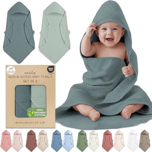 Organic Cotton Muslin Baby Hooded Towels - 32x32 Inch, 2 Pack Newborn Bath Towels for Boys & Girls, Soft & Absorbent Bath Set (Green/Mint Green)