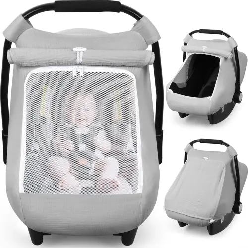 Rquite Car Seat Cover Baby, Carseat Covers Girl Boy, Breathable Muslin Cotton, Large Mesh Window, Infant Car Seat Canopy Baby Carrier Cover Stroller Sun Shade for Summer & Hot Day, Grey