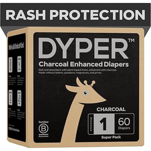 DYPER Charcoal Enhanced Diapers | Baby Diapers from Plant-Based* & Honest Materials | Day & Overnight Diapers | Disposable Diapers for Sensitive Skin (Size 1, 60, Count)