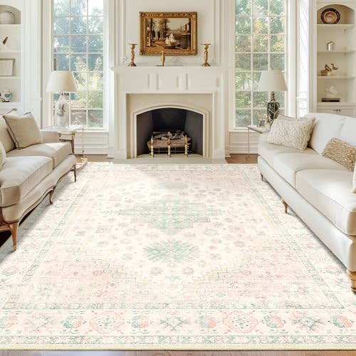 MUJOO 8x10 Area Rugs,Washable Rugs for Living Room Dining Room Bedroom,Large Boho Throw Carpet,Non Slip Big Indoor Low Pile Light Pink and Green