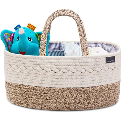 Baby Diaper Caddy Organizer, Portable Nursery Storage Basket with Changeable Compartments, 100% Cotton Woven Rope Baskets, Car & Changing Table Tote, Newborn Gift