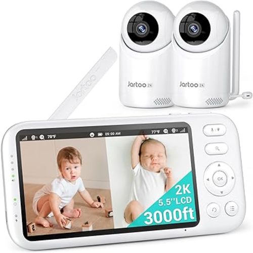 2K Video Baby Monitor with 2 Cameras and Audio, 3000ft Long Range Baby Monitor No WiFi, 5.5" Split Display, VOX - AI Cry Detect, ANR, IR Night Vision, 2-Way Audio, 6000mAh
