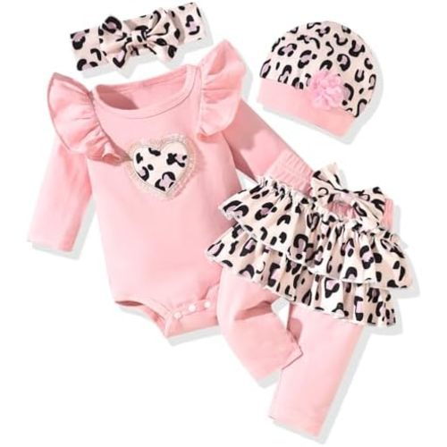 fioukiay Newborn Baby Girl Clothes Infant Girls Floral Love Printed Romper and Ruffle Pants Sets 4pcs Winter Fall Outfits