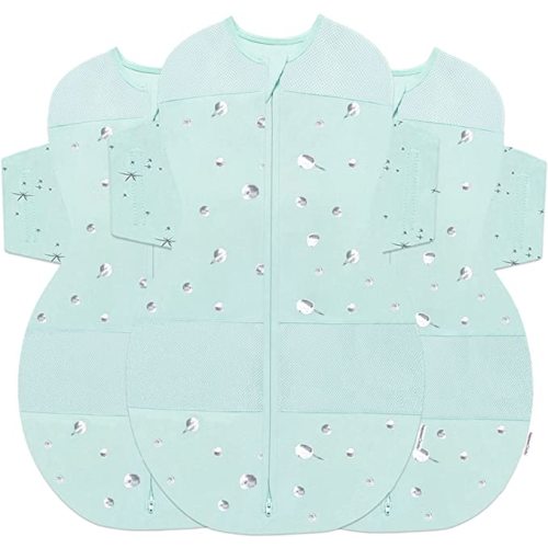 Happiest Baby SNOO Sleep Sack - 100% Organic Cotton Baby Swaddle Blanket - Doctor Designed Promotes Healthy Hip Development - 3-Pack Bundle (Teal Planets, S, M, L)