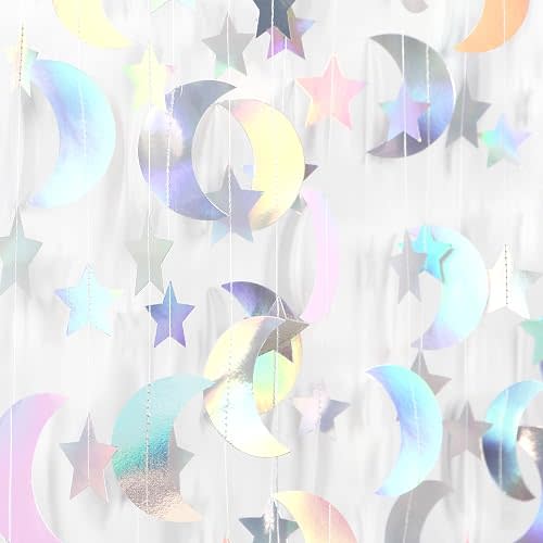 Iridescent Disco-Holographic Party-Decorations Moon-Star Garland - 62Ft Twinkle Little Star Hanging Neon Streamers Banner,Eid Ramadan Mubarak Decoration Birthday Wedding Baby Shower Decor Panduola