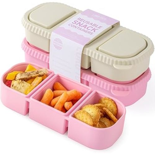 2Pack Silicone Reusable Snack Containers with Lids | Small 3-Compartment Snackle Box |Perfect for Kids Lunch, Sauce, Food Storage at School, Work, Travel