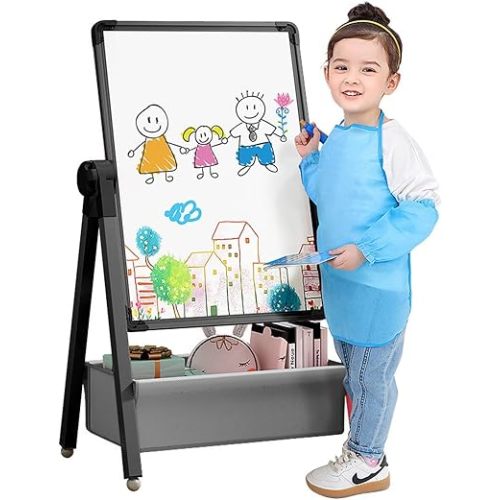 Art Easel for Kids, Double Sided Kids Easel Drawing Board, Whiteboard & Blackboard, 360°Rotating Adjustable(Black)