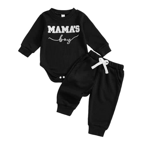 Kupretty Baby Boy Clothes 3 6 12 18 Months Fall Winter Outfit Mama's Boy Embroidery Waffle Long Sleeve Romper Pants Set