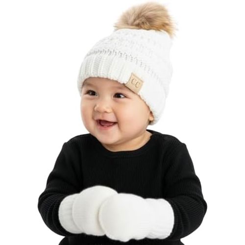 Funky Junque Cozy Infant Pom Pom Beanie & Fleece Lined Mitten Winter Set
