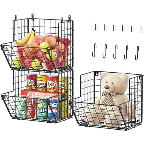 X-cosrack Metal Wire Basket Wall Mount, 3 Tier Wall Storage Organizer with 5 S Hooks, Kitchen Fruits and Vegetables Bin Toys Organizer Hanging Basket Black (S (10.83" L x 10.63" W x 30" H))