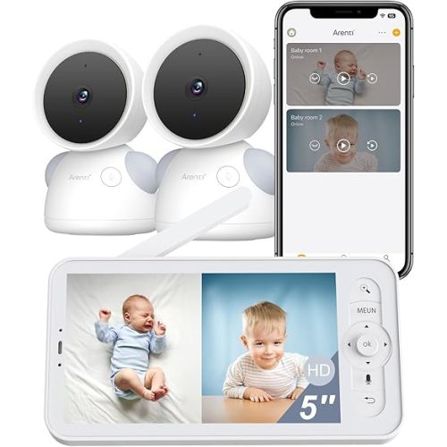 ARENTI Baby Monitor with 2 Cameras, 2K/3MP WiFi 6 Camera and Audio, 5-inch Wireless Screen, Smartphone App, Super Night Vision, Crying Detection, Auto Tracking, Temp&Humidity Sensor (D3 Set)