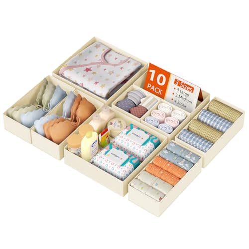 DIMJ Drawer Organizer Clothes 10 Pack - Foldable Baby Organizers and Storage & Dresser Organizer for Bedroom, Closet - Nursery Organization Dresser Dividers for underwear, Sock,Bra, Belt, Tie, Beige