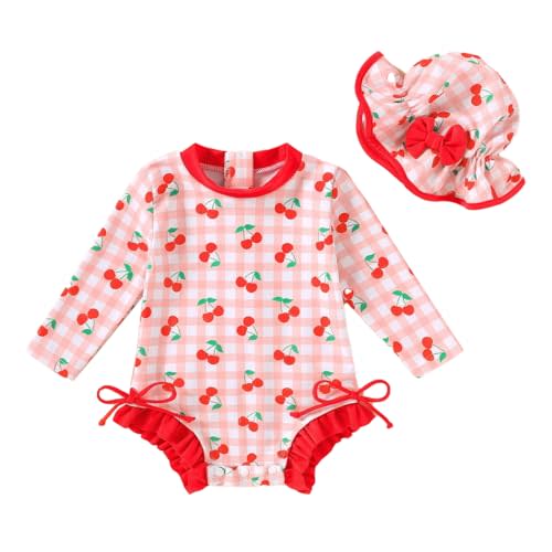 Infant Baby Swimsuit Girl Long Sleeve UPF 50+ Sun Protection One-Piece Rash Guard with Hat Zipper Bathing Suit