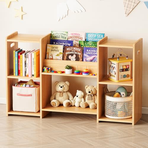 SpaceAid 6-in-1 Bookshelf Storage Organizer, Montessori Bookcase for Toddlers, Wooden Book Rack Shelf Cabinet Furniture for Kids Rooms, Playroom, Nursery and Classroom, 45.6“ Wide, Natural
