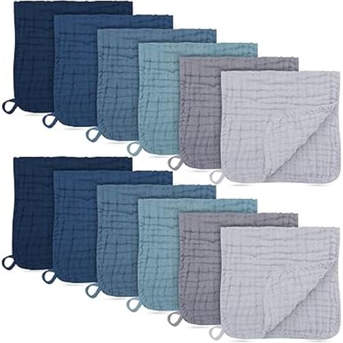 BAMBOO QUEEN 12 Pack Muslin Burp Cloths - Large 20" x 10", Ultra Absorbent 100% Cotton for Baby Drool and Messes - Soft, Gentle Baby Burp Rag for Boys & Girls -Slate, Grey, Navy Series