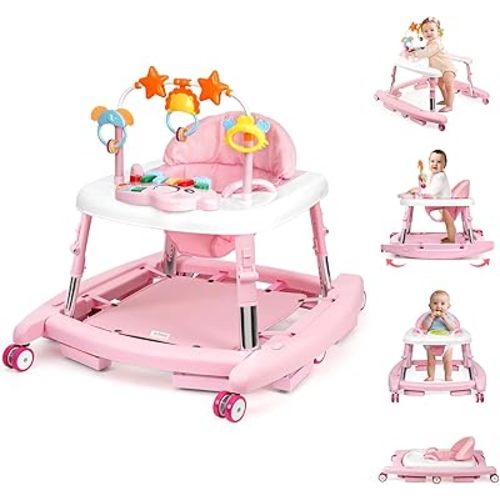 5 in 1 Baby Walker Foldable Music and Lights with 5 Adjustable Heights, Baby Walker with Wheels Portable, Infant Toddler Walker for Baby Boy Girls 6-18 Months (Pink)