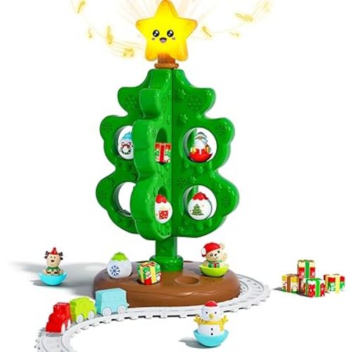 My First Christmas Tree for Toddlers, Musical Light Up Montessori Decor Toy with Ornaments, Mini Train Set, Roly Poly Toys, Finger Puppets, Birthday Xmas Gifts for Little Kids Boys and Girls
