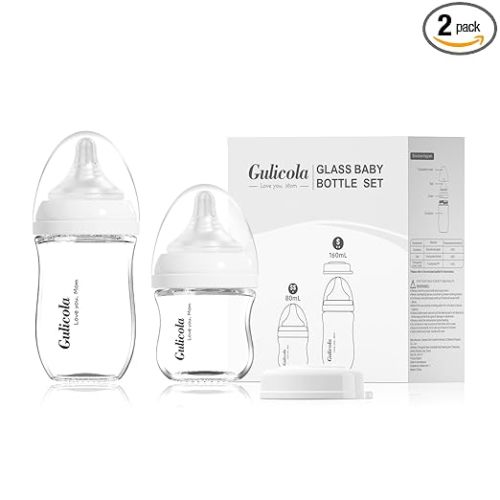 Gulicola Natural Glass Baby Bottle Newborn Set, 3 oz and 5 oz with Extra Slow Flow & Slow Flow Nipple, Anti Colic, 0-3 Months, 2 Pack - White