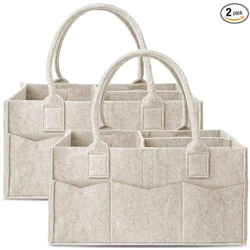 Cute Castle 2 Pack Diaper Caddy Organizer - Portable Baby Caddy Organizer with Handle, Nursery Storage Bin and Car Organizer for Girls, Boys - Baby Gift Basket - Oatmeal