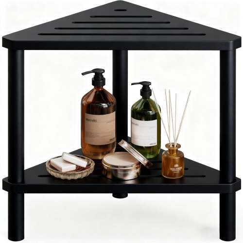 Corner Shower Stool for Inside Shower Waterproof, Bamboo Bathroom Shower Corner Bench Seat, Bathroom Organizers and Storage, Shower Shaving Foot Rest with Non-Slip, Black
