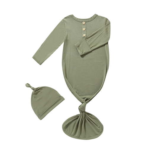 BLVB Newborn Baby Boys Girls Knotted Gown Hat Set Soft Infant Baby Sleep Gown Long Sleeve Sleepwear 0-6 Months