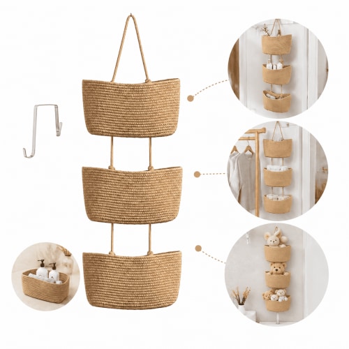 3-Tier Woven Cotton Jute over the door organizer, multi purpose hanging storage basket for nursery laundry and home organization