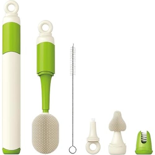 Baby Bottle Brush Set for Baby Bottles, 5 Cleaning Tools with Silicone Bottle and Nipple Brush Heads, Straw Brush, Detail Brush, Cup Rim Cleaner, Integrated Travel Storage, (Green)