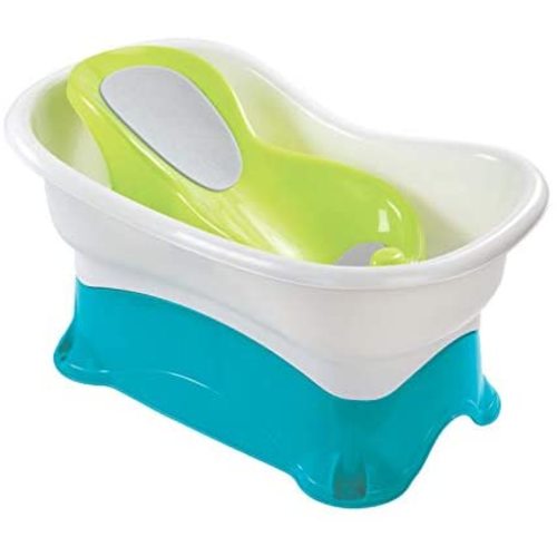 Summer Comfort Height Bath Tub – Elevated and Spacious Baby Bathtub with Newborn Bath Support – Extended Use Features Include Stand-Alone Kneeler and Stepstool