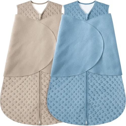 Fleece Newborn Sleep Sack Baby Swaddle,3-Way Adjustable Wearable Blanket,2 Pack Fleece Swaddling Sleeping Bag TOG 2.0， (Brown & Dark Green, 3-6 Months)