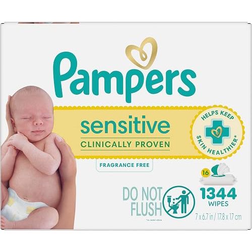 Pampers Sensitive Baby Wipes, Clinically Proven, Fragrance Free, Unscented, Water Based, Hypoallergenic, Multi-Use, Hand Wipes 1344 Wipes Total (24X Flip-Top Packs) [Packaging May Vary]
