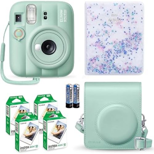Fujifilm Instax Mini 13 Instant Camera Lagoon Green + Fuji Film Value Pack (40 Sheets) + Tudak Accessories Bundle, Incl. Compatible Carrying Case, Quicksand Beads Photo Album 64 Pockets