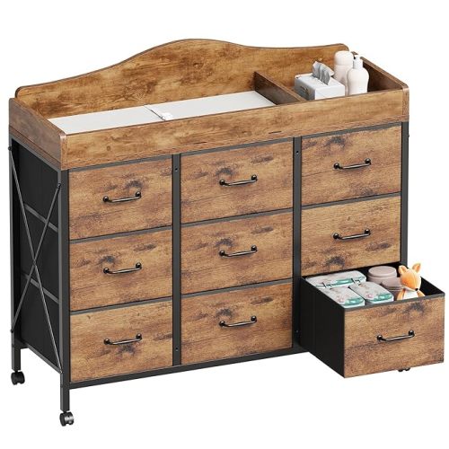 Baby Changing Table with 9 Fabric Drawers, Waterproof Diaper Changing Station & Pad, Mobile Nursery Diaper Changing Table, Baby Furniture, Bedroom, Rustic Brown