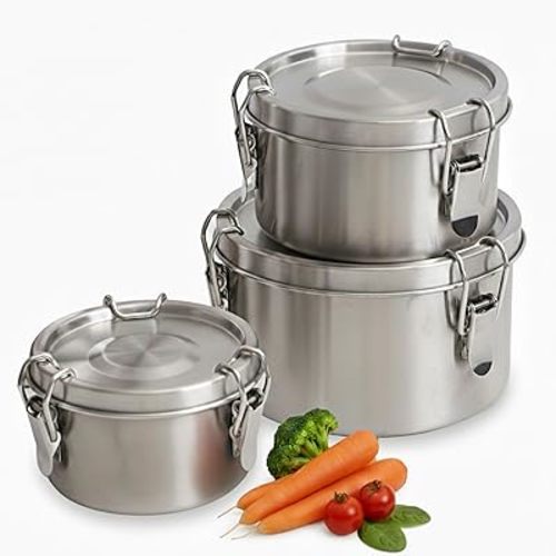 AVARO 3-Piece Stainless Steel Containers with Lids–Leakproof 304 Stainless Steel Food Storage Containers with Latches, BPA-Free Metal Food Containers with Lids, Dishwasher Safe & Stackable