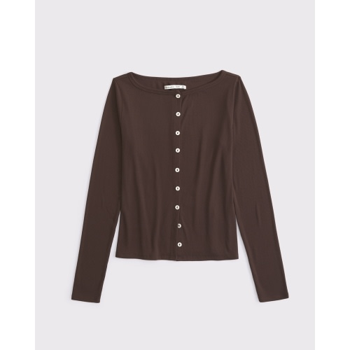 Long-Sleeve Slash Button-Through Top