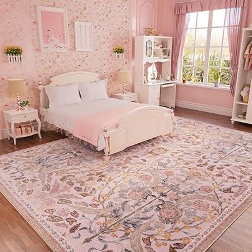 AMTOVO 9x12 Washable Area Rugs for Living Room, Non-Slip&Non-Shedding Floral Large Soft Boho Vintage Print Carpet for Bedroom Girls Room Dorm Dining Room Farmhouse Nursery Home Office, Pink