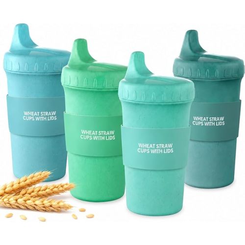 Meolibour® 4 Packs Wheat Straw Sippy Cups for Toddlers Kids, Reusable Plastic Spill Proof Cups for Kids Baby, Dishwasher/Microwave Safe - Unbreakable Hard Spout Sippy Cups for Toddlers