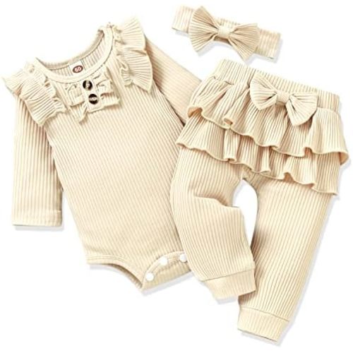 Aalizzwell Preemie Newborn Infant Baby Girls Clothes Ribbed Bodysuit Pants Set Fall Winter Outfits