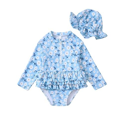 Toddler Girl Swimsuit Baby Girl Bathing Suit Long Sleeve Floral Zipper One-Piece Rash Guard Swimsuit with Hat
