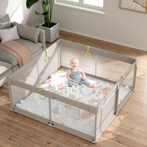 Fodoss Baby Playpen with Mat ，59 x59 In Playpen for Babies and Toddlers, Indoor & Outdoor Activity Center, Safety Baby Fence (light gray, 59*59*25IN)